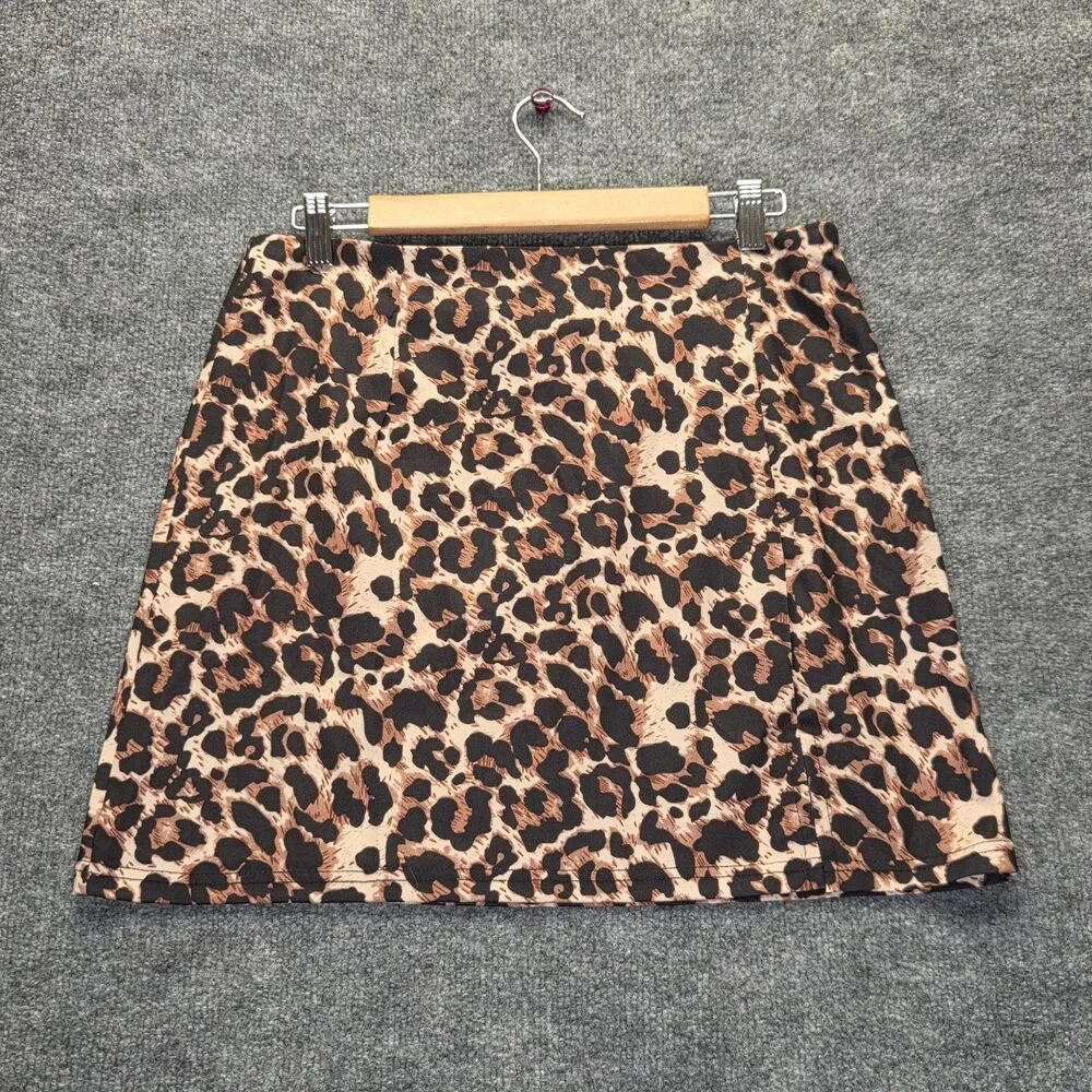 Womens Skirt Medium Black Brown Leopard Print A-Line Mini Slit Stretch Zip